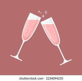 Two glasses of rose sparkling wine or champagne on a pale red background. Vector illustration in flat style