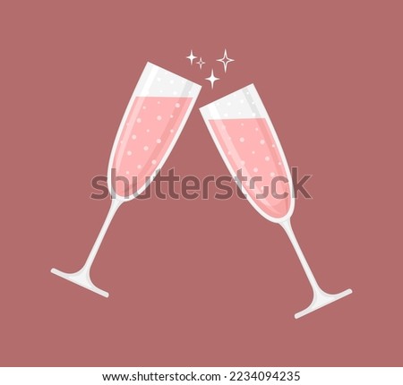 Two glasses of rose sparkling wine or champagne on a pale red background. Vector illustration in flat style