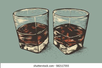 Two glasses with rum.Old style.Hand drawn work.Vector illustration