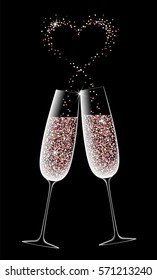 Two glasses of sparkling champagne on a black background. pink gold. shining heart. symbol romantic dinner. vector illustration. Valentine Day dating love card