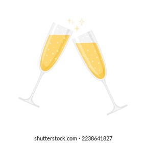 Two glasses of sparkling wine or champagne isolated on a white background. Vector illustration in flat style