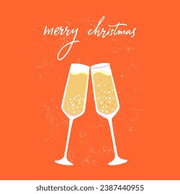 Two glasses of sparkling wine clink illustration on red background. Merry Christmas handwritten on greeting card vetor design.