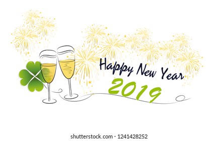 two glasses of sparkling wine with clover leaf, fireworks and slogan happy new year 2019 with white background