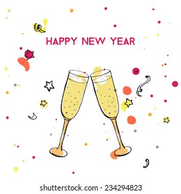 Two glasses of sparkling wine with text happy new year. Vector doodle illustration.
