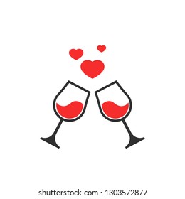 Two glasses toasting with floating hearts on a romantic date. Vector icon illustration for valentine's day, love, romance, dating, wedding, honeymoon. Cupid, drink, honeymoon, icon, toast, wine, 14, 1