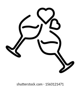 Two glasses toasting with floating hearts on a romantic date, Vector icon illustration for valentine's day, love, romance, dating, wedding, honeymoon vector icon in line art style on white background