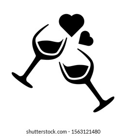 Two glasses toasting with floating hearts on a romantic date, Vector icon illustration for valentine's day, love, romance, dating, wedding, vector icon in black flat design on white background