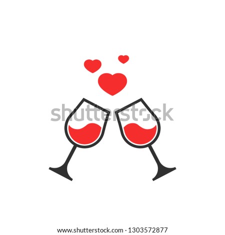 Two glasses toasting with floating hearts on a romantic date. Vector icon illustration for valentine's day, love, romance, dating, wedding, honeymoon. Cupid, drink, honeymoon, icon, toast, wine, 14, 1