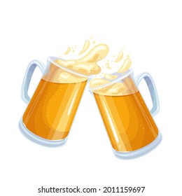 Two glasses toasting mugs with beer, cheers beer glasses. Traditional drink of beer festival Oktoberfest. Vector illustration in cartoon style.