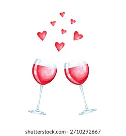 Dos copas, día de San Valentín, vino tinto, corazones, en estilo de acuarela, Vector
