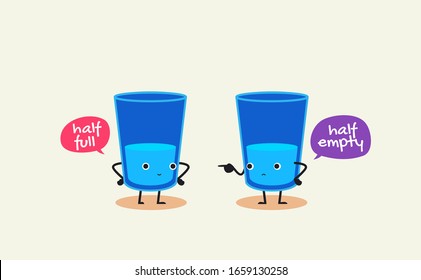 Two glasses of water is having conversation. Half full, half empty. Vector Illustration