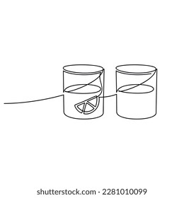 Two glasses of water with lemon piece slice vector. One line continuous drawing illustration. Hand drawn linear silhouette icon. Minimal design element for print, banner, card, poster, menu.