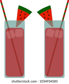 two glasses of watermelon juice with watermelon piece as decoration, with drinking straws