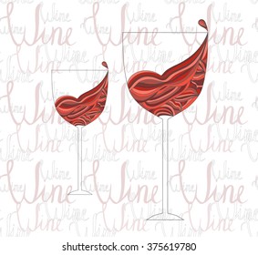 Two glasses of wavy red wine on background with handwritten words wine