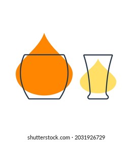 Two glasses with whiskey and tequila. Shot glass drinks. Template alcohol beverage for restaurant, bar. Symbol party. Different drinks. Isolated flat illustration on white background. Vector.