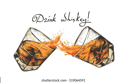 two glasses with whiskey.Hand drawn style. design of alcoholic drinks.Vector illustration