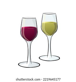 Dos vasos de vino blanco y rojo aislados en un fondo blanco.