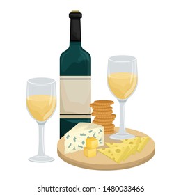 Two glasses of white wine, cheese platter on a wooden Board with crackers? bottle of wine. Maasdam, Gouda, Roquefort.