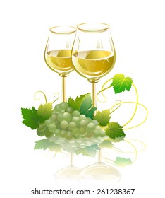 Two glasses of white wine and green grapes. Vector illustration.