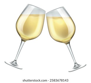 Two glasses white wine. Realistic isolated elements. Cheers party, alcohol grape beverage in glassware, 3d object, champagne. Greeting Happy New Year toast, festive birthday. Vector concept