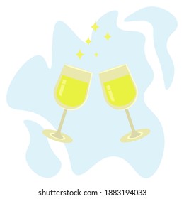 Two glasses of white wine, a yellow drink in glasses on legs, a festive toast or a date, containers with a drink on the background of an abstract light blue spot vector illustration