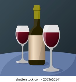 Two glasses with wine and a bottle are on the table
