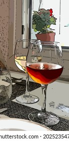 Two glasses of wine by the window with sea view romantic holidays 