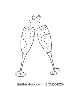 Zwei Gläser Wein, Champagner, Schaumgetränk. Zwei Herzen als Symbol der Liebe. Doodle, Vektorgrafik. Schwarze Linien auf weißem Hintergrund.