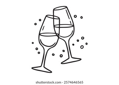 Two glasses wine or champagne doodle outline hand drawn icon. Cheers with alcohol drink and cocktail sign. Champagne glasses make cheers. Element for celebration, party, holiday. Vector illustration