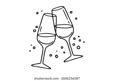 Two glasses wine or champagne doodle outline hand drawn icon. Cheers with alcohol drink and cocktail sign. Champagne glasses make cheers. Element for celebration, party, holiday. Vector illustration