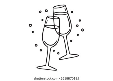 Two glasses wine or champagne doodle outline hand drawn icon. Cheers with alcohol drink and cocktail sign. Champagne glasses make cheers. Element for celebration, party, holiday. Vector illustration