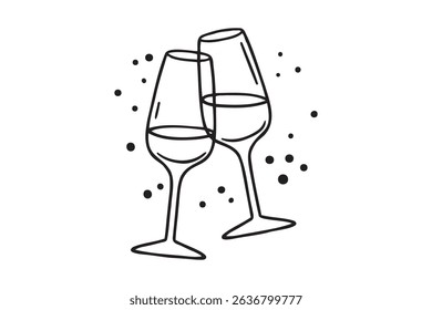 Two glasses wine or champagne doodle outline hand drawn icon. Cheers with alcohol drink and cocktail sign. Champagne glasses make cheers. Element for celebration, party, holiday. Vector illustration