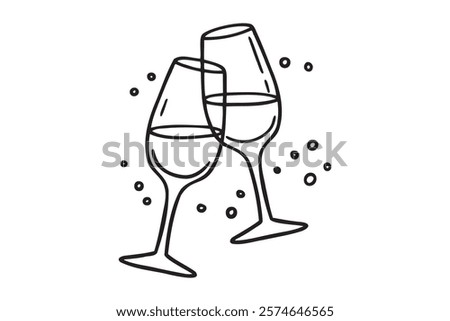 Two glasses wine or champagne doodle outline hand drawn icon. Cheers with alcohol drink and cocktail sign. Champagne glasses make cheers. Element for celebration, party, holiday. Vector illustration