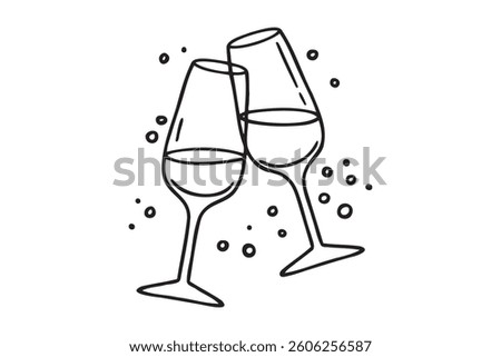 Two glasses wine or champagne doodle outline hand drawn icon. Cheers with alcohol drink and cocktail sign. Champagne glasses make cheers. Element for celebration, party, holiday. Vector illustration