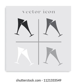 Two glasses of wine or champagne flat black and white vector icon. Cheers illustration.