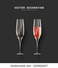 Two glasses with wine and champagne. Vector wine glasses realistic isolated on dark background