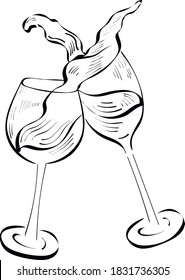 dos vasos con vino. Saludos vectores dibujados a mano ilustraciones aisladas sobre fondo blanco. Concepto de menú, tarjetas, invitación