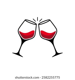 Two glasses of wine cheers icon. Wine glasses toasting icon isolated on white background.