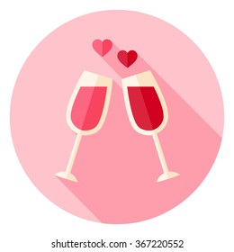 Two Glasses with Wine Circle Icon. Flat Design Vector Illustration with Long Shadow. Happy Valentine Day and Love Symbol.