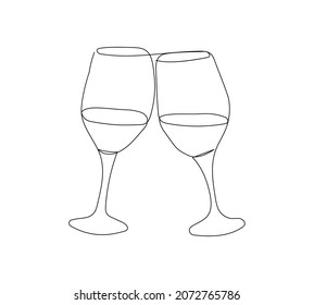 Two glasses of wine clink glasses one line art. Continuous line drawing of new year holidays, christmas, birthday, champagne, alcohol, cocktail, drink, joy.