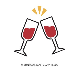 Dois copos de vinho aperto junto ícone doodle mão desenhada. Símbolo clipart de desenho de linha de tópicos. Ilustração vetorial