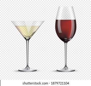 Two glasses, wine and cocktails isolated on transparent background realistic glasses with drinks, celebration concept. Vector illustration.