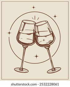 Two glasses of wine, cocktale Illustration. celebration, holidays Outline vector. hand drawn sketch