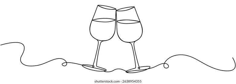 Two glasses with wine continuous line drawing. Cheers toast symbol. Celebration concept. Champagne drink. Vector illustration isolated on white.