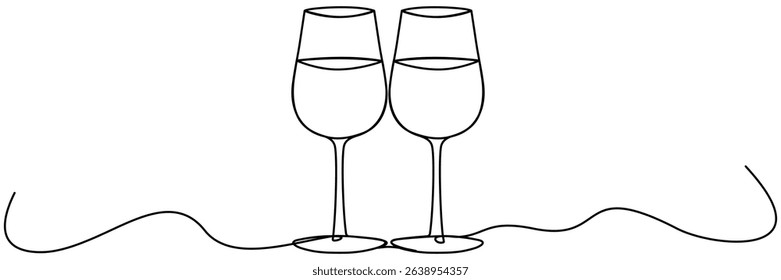 Two glasses with wine continuous line drawing. Cheers toast symbol. Celebration concept. Champagne drink. Vector illustration isolated on white.