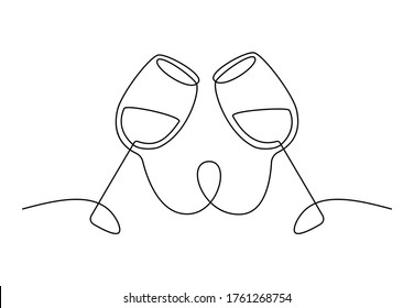 Two glasses of wine continuous one line drawing. Minimalist line art of cheering glasses of wine for logo. Vector illustration