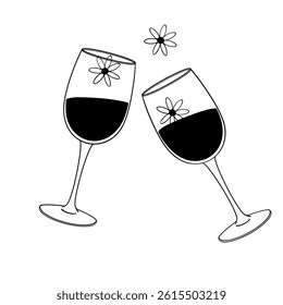 two glasses of wine and daisy flowers black and white vector illustration