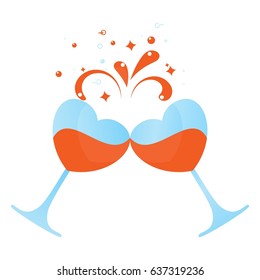 Two glasses of wine in the form of a heart. Symbol of love for wedding cards. Flat vector cartoon illustration. Objects isolated on a white background.