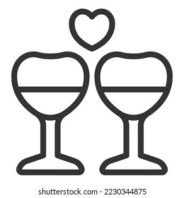 Two glasses of wine in the form of hearts - icon, illustration on white background, outline style