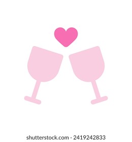 Two glasses of wine with Heart. Two glasses Clink. Romantic toast concept with heart shape. Concept of Love, Holiday, Valentine's Day. Vector illustration in flat style